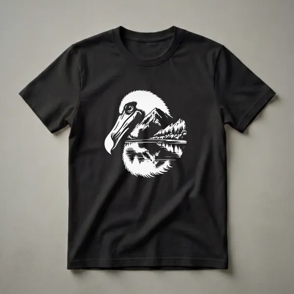 White graphic illustration of a dodo bird's head with a mountain range and pine forest reflected in a lake, on a black t-shirt.