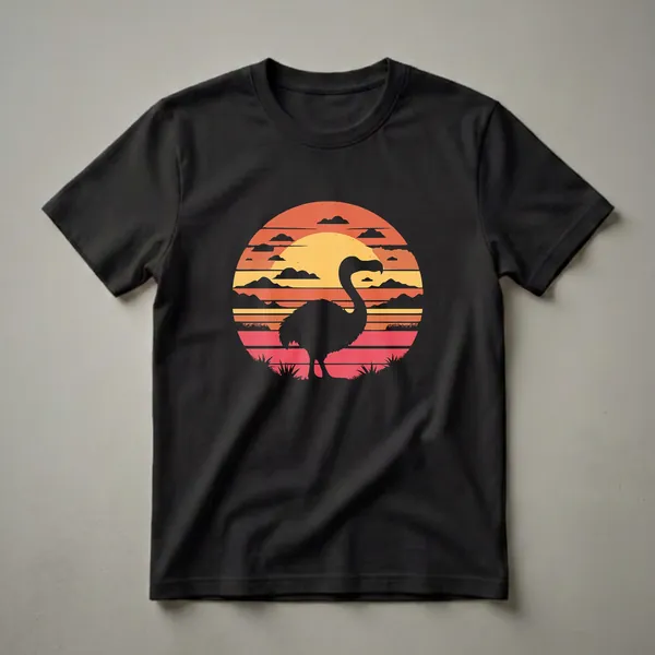 Black silhouette of a dodo bird against a retro sunset with orange, yellow, and red stripes, layered mountains, and clouds, with grass at the bottom.