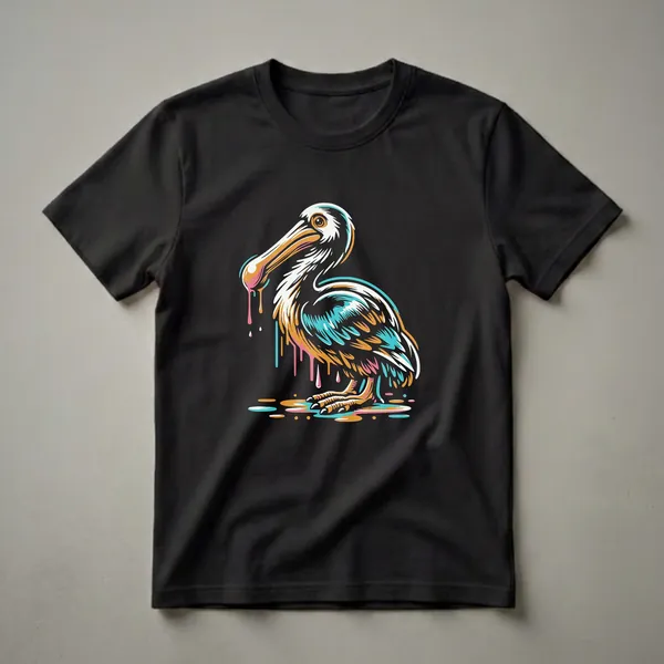 Black t-shirt featuring a stylized pelican illustration with dripping paint effects in teal, orange, pink, and white.