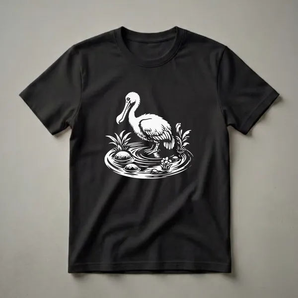 White graphic of a dodo bird standing in water with plants and flowers, on a black background.