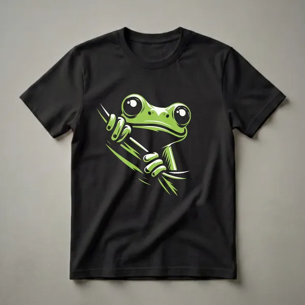 A graphic art t-shirt featuring a bright green frog with large white-eyed pupils peeking from behind a dark green branch against a black background.