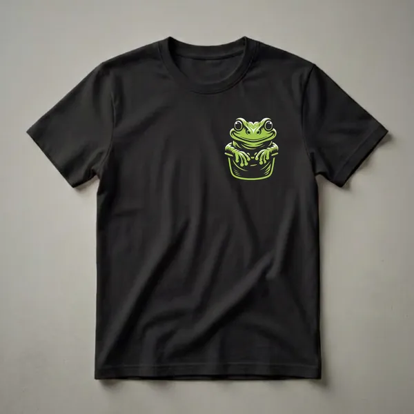 Graphic t-shirt featuring a bright green cartoon frog peeking out of a pocket, with large eyes and a friendly smile, rendered in a bold art style.