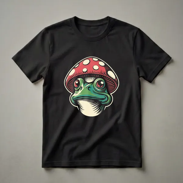 Black t-shirt with a bold illustration of a green frog with large red eyes wearing a red and white polka-dot Amanita mushroom cap as a hat.
