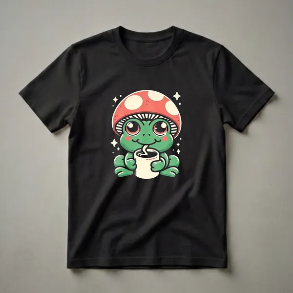 Black t-shirt featuring a cute cartoon green frog wearing a red and white mushroom cap, holding and drinking from a white coffee mug, with small sparkling stars around it.