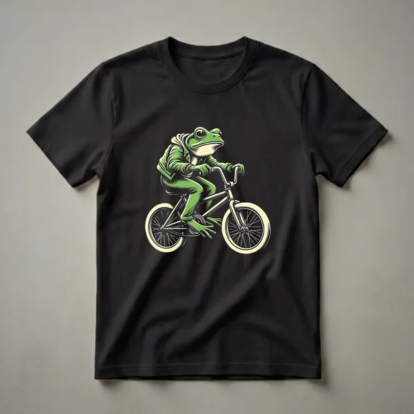 Black t-shirt featuring a graphic art design of a green frog wearing a green jacket and white shirt, riding a bicycle.
