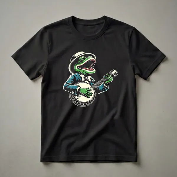 A green frog wearing a white hat and bowtie plays a banjo, depicted in a stylized graphic art design on a black background.