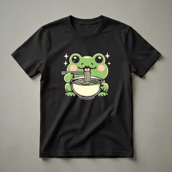 Black t-shirt with a kawaii green frog character eating ramen noodles with chopsticks, surrounded by sparkling stars.