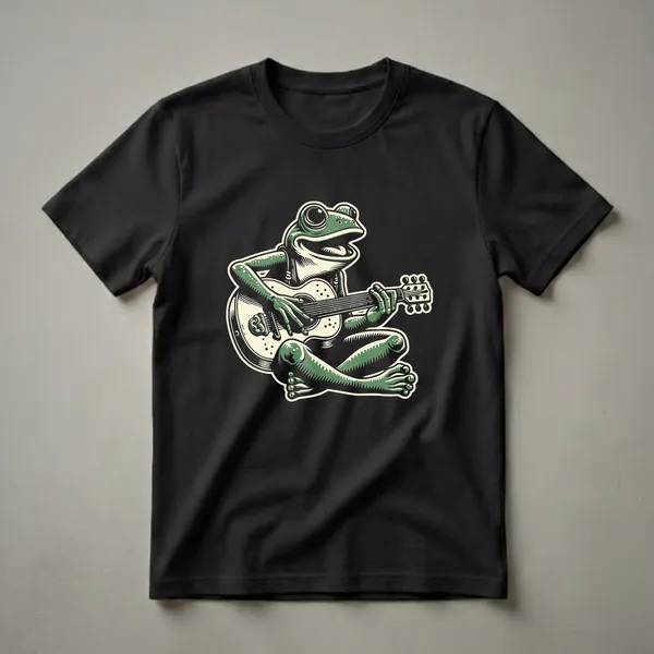 Black t-shirt with a graphic of a green frog sitting and playing an acoustic guitar, rendered in a stylized art style with cream and black accents.