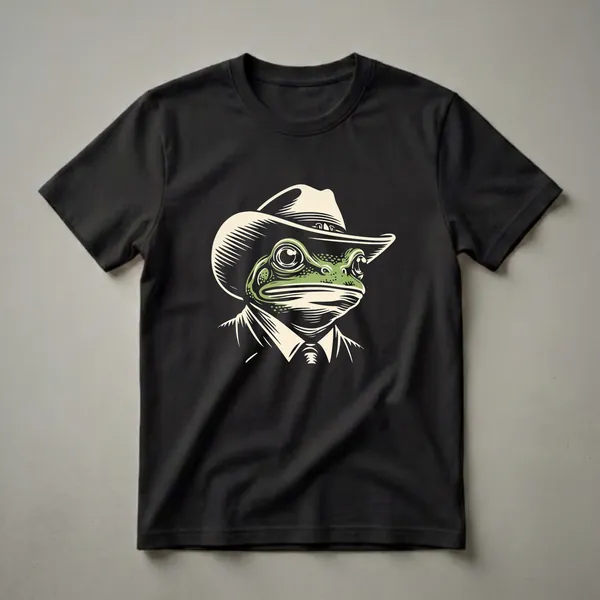 Black t-shirt with a bold woodcut-style illustration of a green frog wearing a cream cowboy hat and a cream collared shirt with a tie.