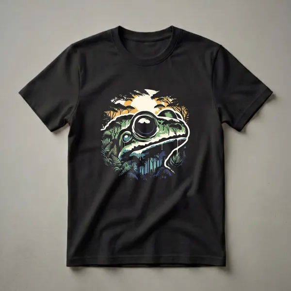 Black t-shirt featuring a graphic design of a frog's head filled with a green and blue rainforest landscape under an orange sunset sky.