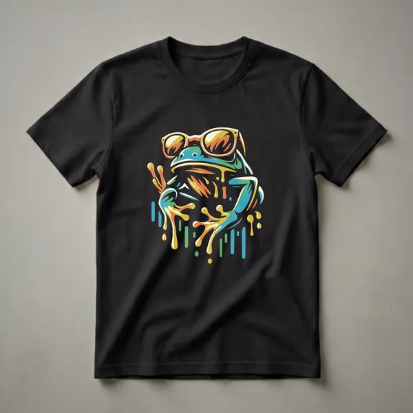 Black t-shirt with a colorful geometric frog wearing large yellow-orange sunglasses, with blue, teal, yellow, and orange paint drips streaming downward.