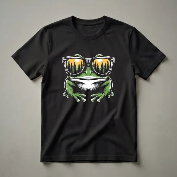 Green frog wearing white-rimmed sunglasses with a reflection of pine trees and a yellow sun in the lenses, graphic art style.