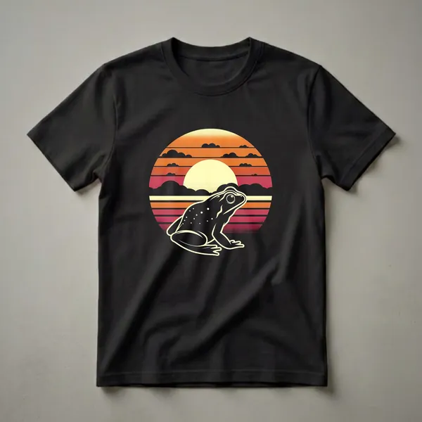 Black frog silhouette against a retro sunset with orange, yellow, red, and pink horizontal stripes and stylized clouds, on a black t-shirt.