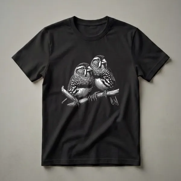 Black and white graphic t-shirt featuring two zebra finches perched closely on a wooden branch, rendered in a detailed scratchboard art style.