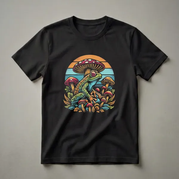 Black t-shirt featuring a colorful graphic of a frog sitting in a magical garden with red and orange mushrooms and a striped sunset.