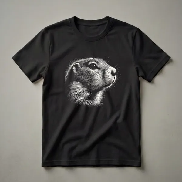 Black and white line art graphic of a prairie dog's face in profile, detailed fur texture, on a black t-shirt.