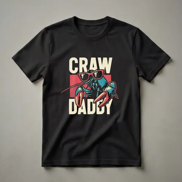 Black t-shirt featuring a graphic of a blue and red crawfish wearing red sunglasses, with cream text reading "CRAW DADDY".