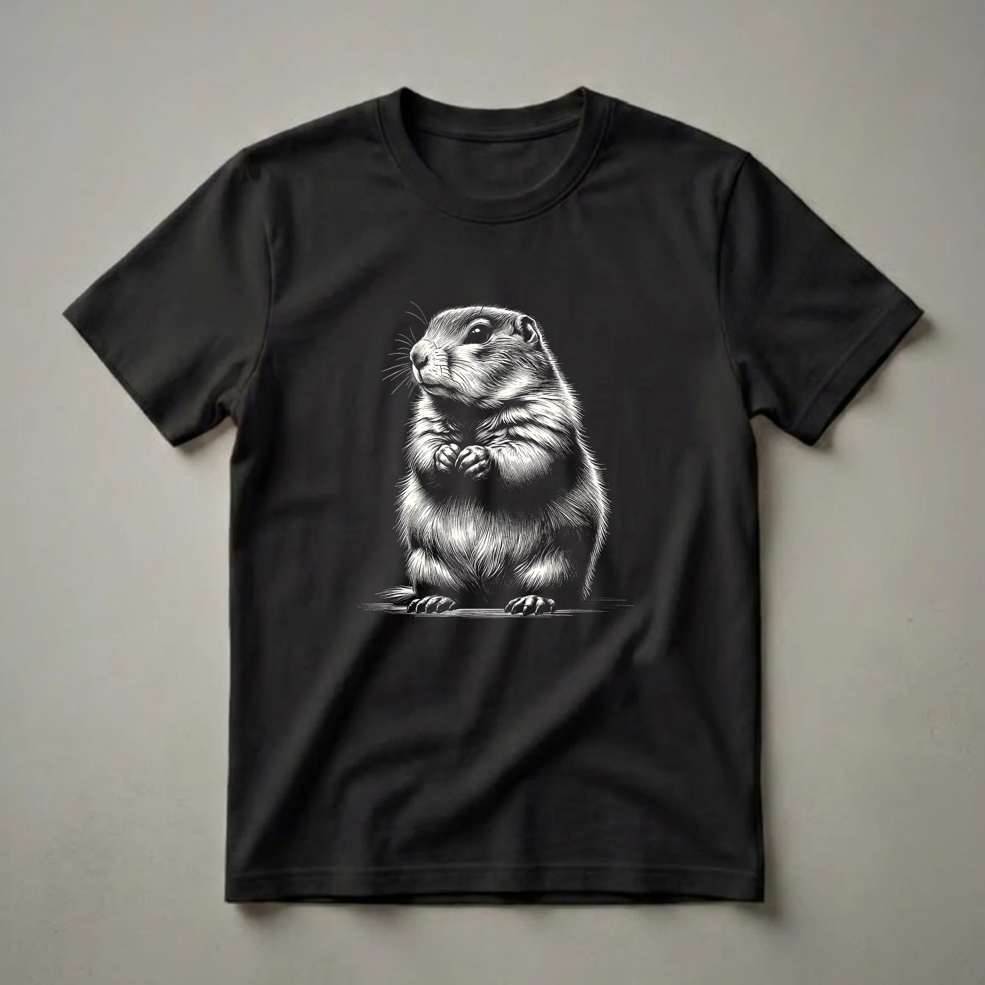 Black and white graphic t-shirt featuring a prairie dog illustration with detailed fur texture and paws clasped, set against a black background.