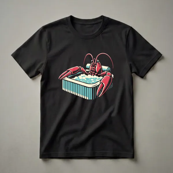 Black t-shirt featuring a stylized graphic of a red crawfish with large claws relaxing in a teal and cream hot tub filled with white bubbles, with a rolled towel behind it.