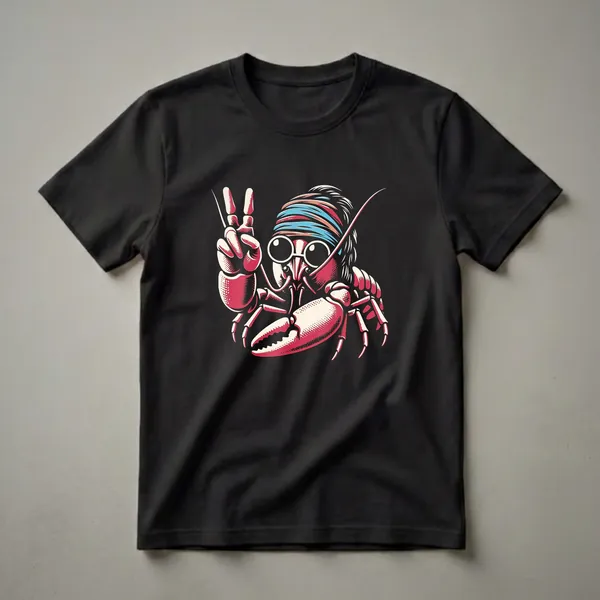 Black t-shirt featuring a red and cream stylized crawfish wearing a blue and red bandana and round sunglasses, making a peace sign with its claw.
