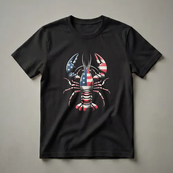 Black t-shirt featuring a graphic illustration of a crawfish with its body and claws designed to resemble the American flag, with red, white, and blue stripes and stars.