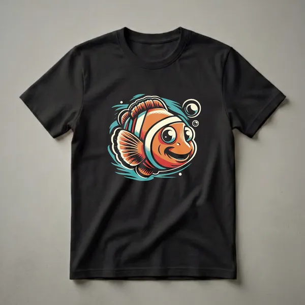 Black t-shirt featuring a graphic art design of a smiling clownfish in orange, white, and teal, with stylized water and bubbles.