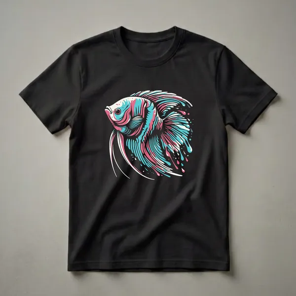 Black t-shirt with a detailed illustration of a betta fish with long flowing fins in vibrant pink, teal, and white, with paint drip accents.