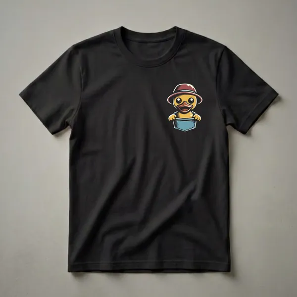 Yellow cartoon baby duck wearing a red and brown hat, peeking out of a blue pocket on a black shirt.