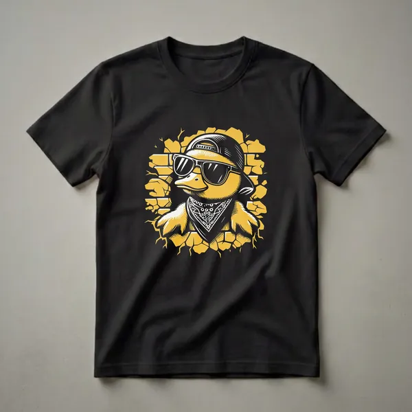 Black t-shirt featuring a yellow duck wearing sunglasses and a black and white paisley bandana, emerging from a cracked yellow brick wall.