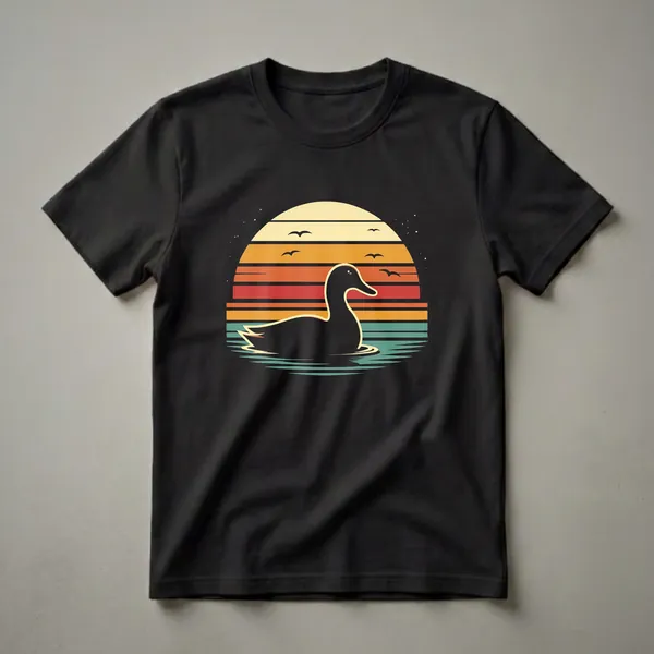 Black graphic t-shirt featuring a silhouette of a duck swimming in water against a retro sunset with orange, red, yellow, and teal stripes and flying birds.