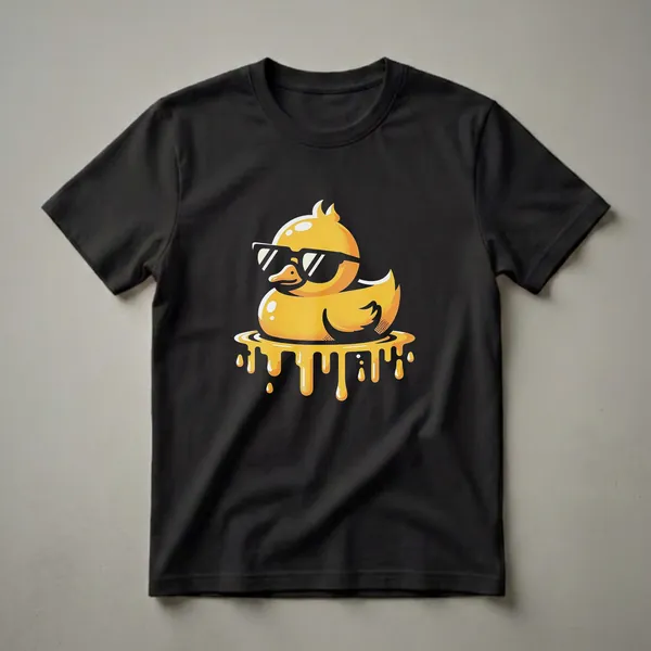 Black t-shirt with a graphic of a yellow baby duck wearing black sunglasses, sitting on a surface with dripping yellow liquid.