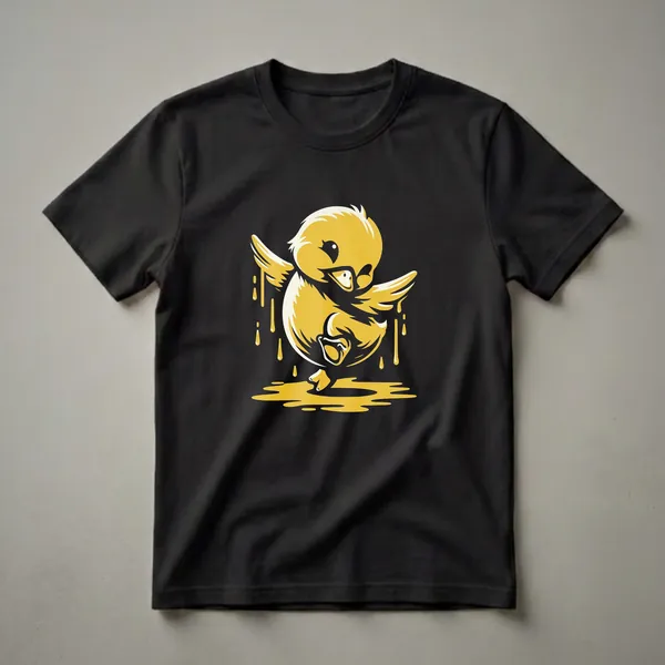 Black t-shirt featuring a stylized yellow duckling graphic with dripping yellow liquid around it, set against a black background.