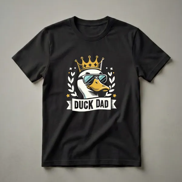Black t-shirt featuring a graphic of a white duck wearing blue sunglasses and a gold crown, with the words 'DUCK DAD' on a banner below, surrounded by decorative elements.