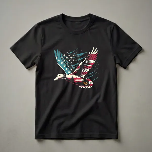 A graphic t-shirt featuring a duck in flight with its wings and body designed to look like the American flag, rendered in red, white, blue, and teal.
