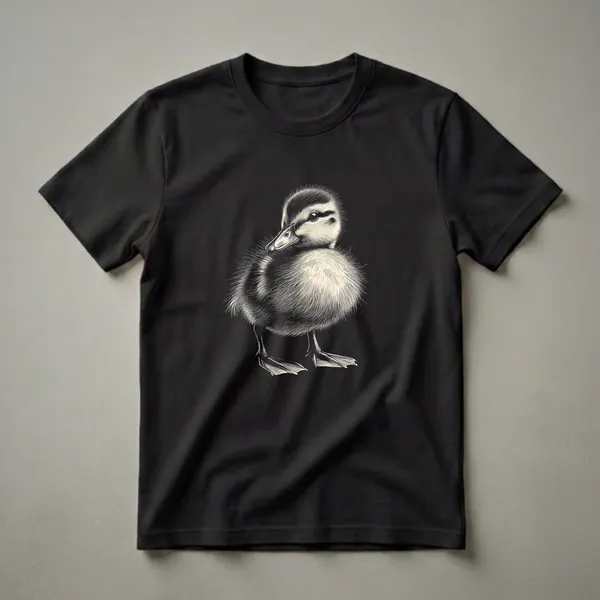 Black and white graphic t-shirt featuring a detailed illustration of a fluffy baby duckling with intricate linework, set against a black background.