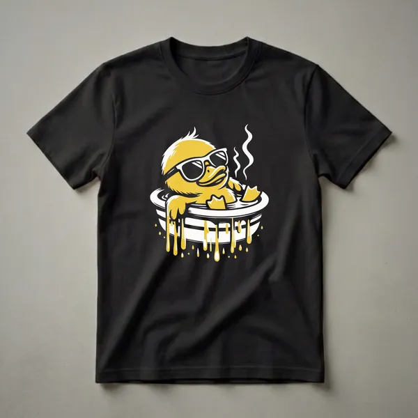Black t-shirt featuring a yellow cartoon baby duck wearing white sunglasses, relaxing in a white hot tub with steam rising and yellow water dripping.