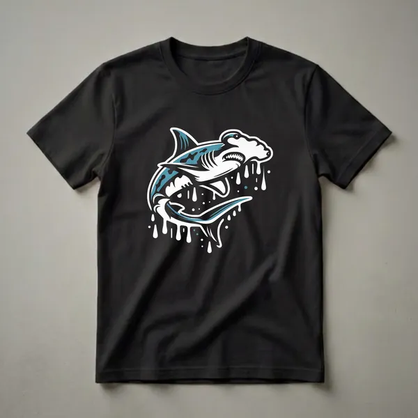 Black t-shirt with a stylized hammerhead shark in teal and white showing an open jaw with teeth, with bold white paint drip effects below.