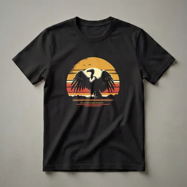 Black graphic t-shirt featuring a vulture silhouette with outstretched wings against a retro sunset with orange, yellow, and red stripes and distant mountains.