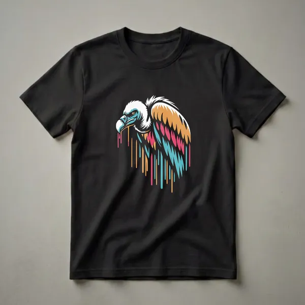 Black t-shirt featuring a geometric vulture head graphic with colorful teal, coral, and orange paint dripping effect.