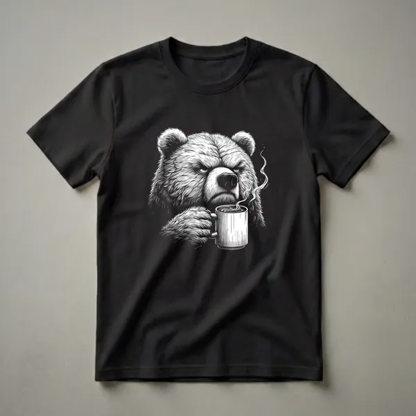 Black and white graphic t-shirt featuring a grumpy grizzly bear holding a steaming mug of coffee, with wisps of steam rising.