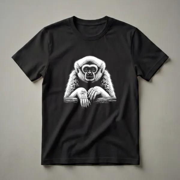 Black and white scratchboard graphic t-shirt featuring a gibbon primate with detailed fur and expressive eyes, resting its hands on a wooden beam.