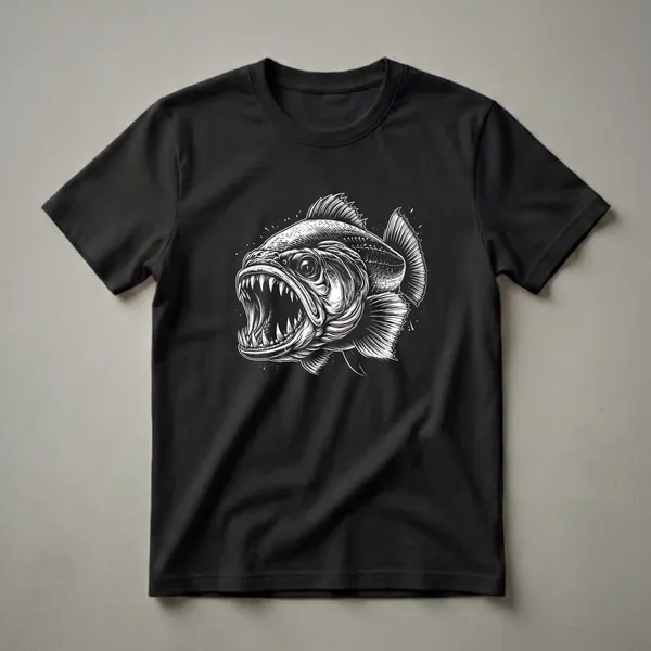 Black t-shirt with a detailed black and white engraving of a piranha with its mouth wide open, showing sharp triangular teeth, dorsal fin raised and scales visible.