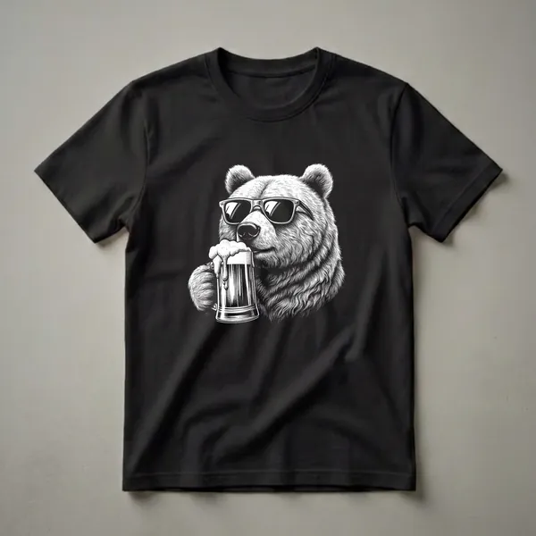 Black and white graphic t-shirt featuring a bear wearing sunglasses and holding a mug of beer with foam spilling over.