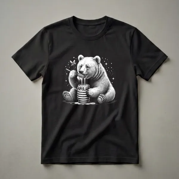 Black and white graphic t-shirt featuring a bear sitting and eating honey from a striped pot, with a bee flying near its head and a starry background.