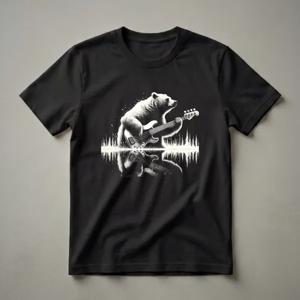 Black t-shirt with a white graphic of a bear playing a bass guitar, with a reflective forest and water scene below.