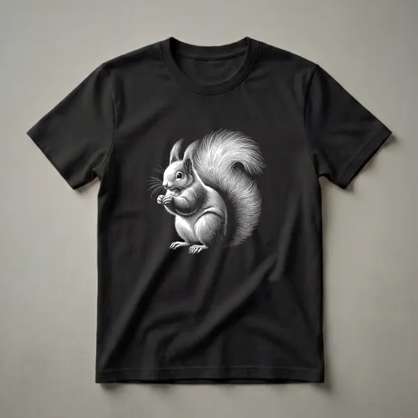Black t-shirt featuring a white, detailed scratchboard illustration of a squirrel holding a nut, with its bushy tail curled.