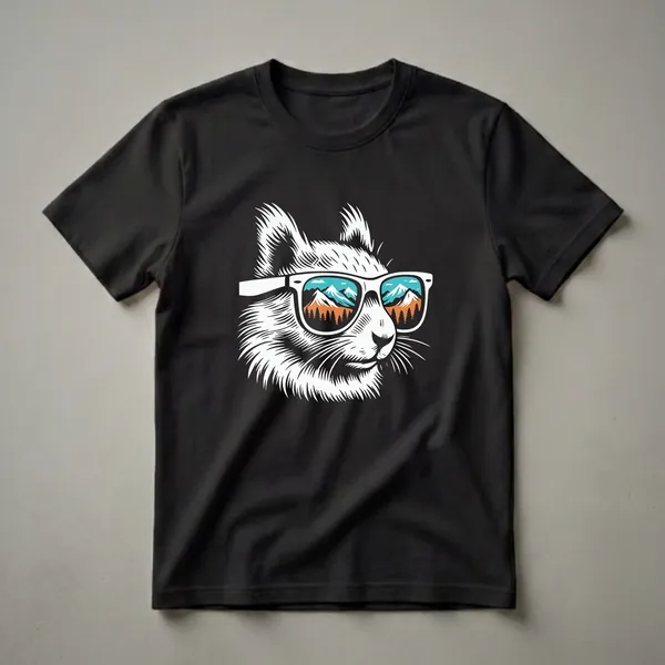 White squirrel wearing white sunglasses with a reflection of snow-capped mountains and pine trees in the lenses, rendered in a graphic art style.