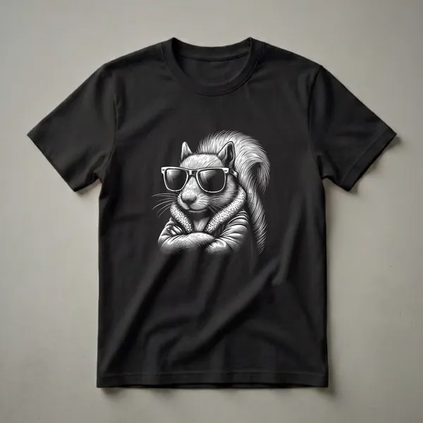 Black and white graphic t-shirt featuring a squirrel wearing sunglasses and a fur-lined jacket, with its arms crossed in a cool pose.