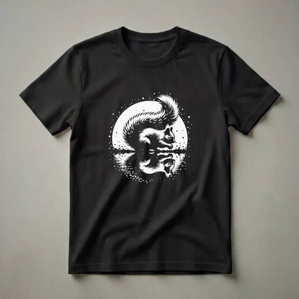 Black t-shirt with a white graphic of a squirrel sitting by water, its reflection visible below, set against a circular background with scattered dots.