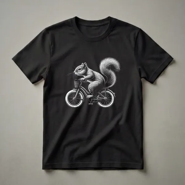 Black t-shirt with a white scratchboard illustration of a squirrel riding a bicycle with a basket on the front.